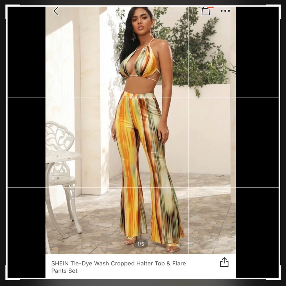 SHEIN tye dye wash cropped halter top & flare pants set.